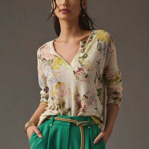 Anthropologie Printed V‑Neck Sweater XXS Floral Oversized Knit Long Sleeve Top